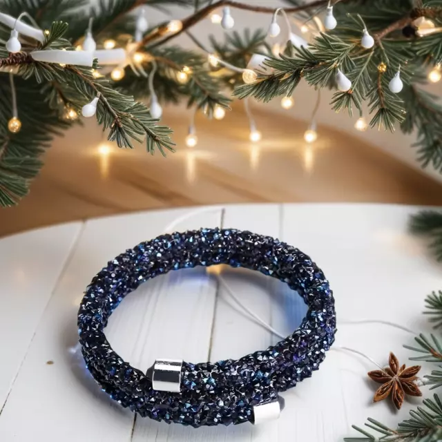 Black & Blue Crystal Dust Double Wrap Bangle Made with Swarovski Elements