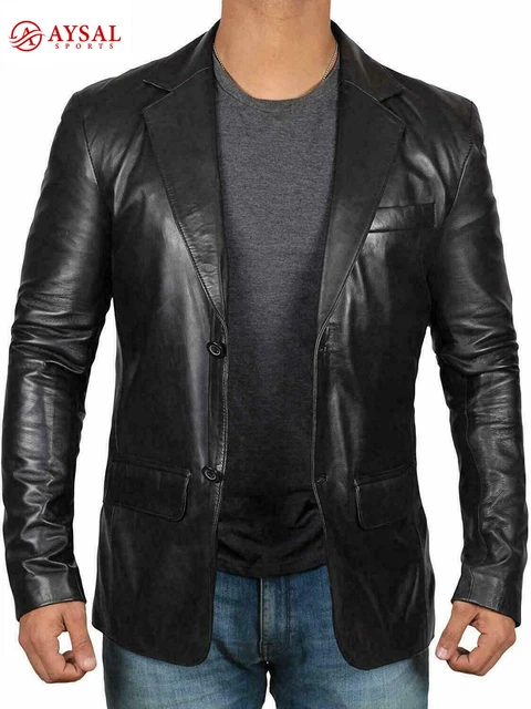 Men's Genuine Lambskin 100% Leather Blazer Soft Two Button Black Coat Jacket
