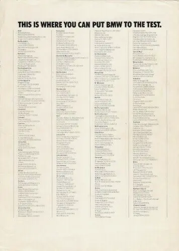 BMW Dealer List Early 1980s UK Market Single Sheet Brochure