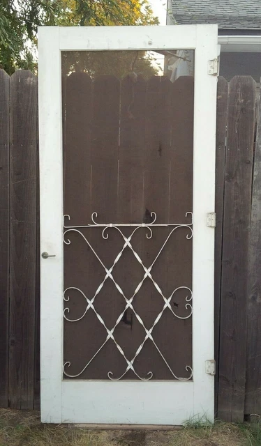 Vintage 1950s Farmhouse Wood Screen Door Metal Curlicue we ship$$
