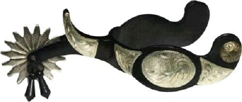 Pair Adult Black Steel w/ Engraved Silver Western Jingle Bob Saddle Horse Spurs