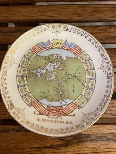 ANTIQUE CALENDAR PLATE 1915~ Map of Panama Canal/souvenir Of Bloomington, IN