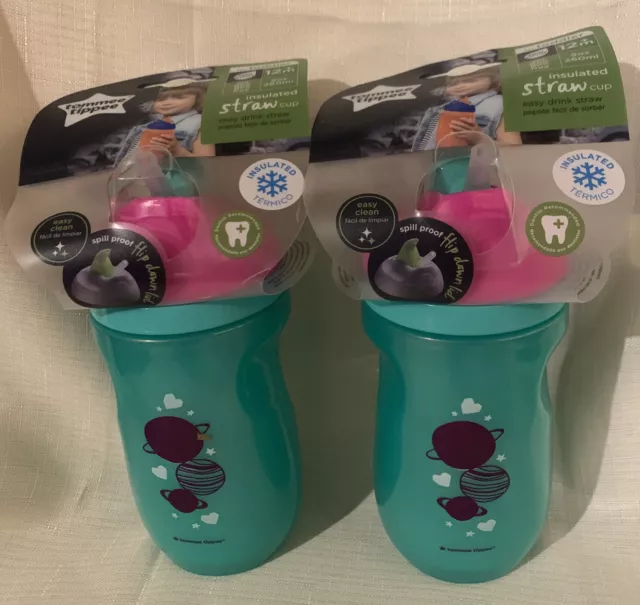 Tommee Tippee Insulated Straw Sippy Cup 9 oz Toddler 12+ Month BPA Free (2) Cups