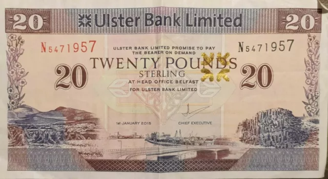 Rare Ulster Bank 20 Pounds Twenty Banknote Belfast Northern Ireland Irish Uk Unc