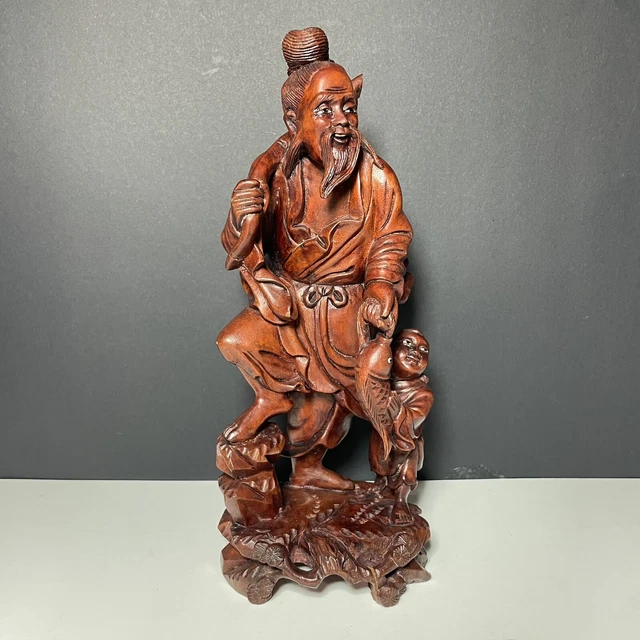 Vtg Chinese Hand Carved Wood Shou Lao Figure Sculpture FIsherman w/Boy 9.5” SEE