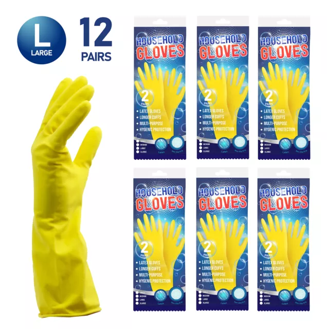 Large Washing Up Gloves 12 Pairs Yellow Rubber Household Clean Waterproof