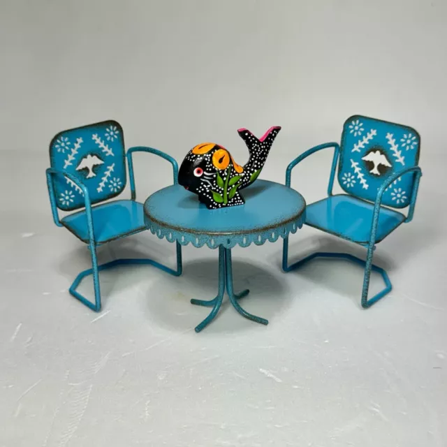 Fairy Garden  Dollhouse Miniature Metal Bistro Table And Chairs, Turquoise Blue