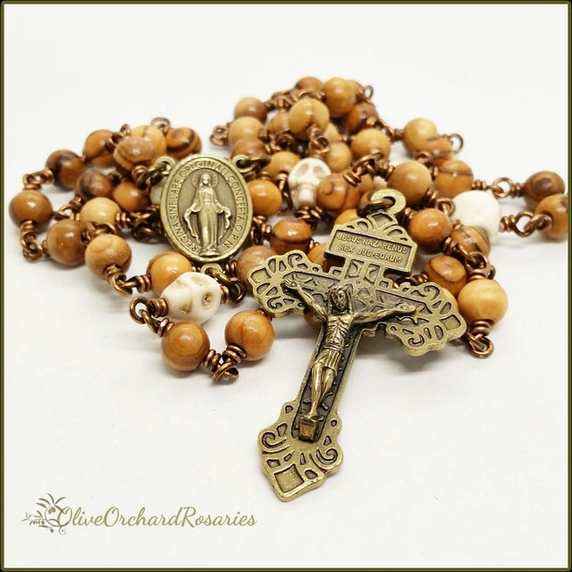 Handmade Miraculous Medal Pardon Crucifix Memento Mori Rosary Olive Wood Beads