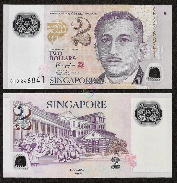 SINGAPORE 2 Dollars w/3 Solid Star 2019 P-46 Polymer UNC Uncirculated