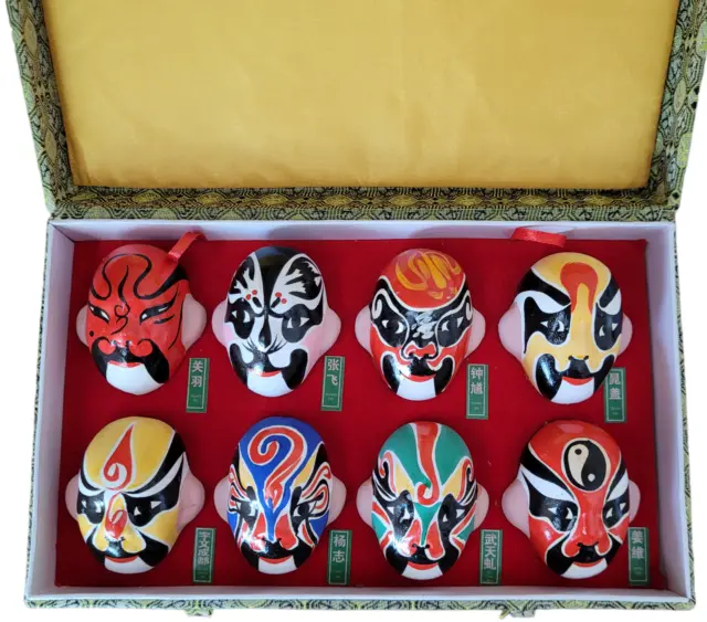 Set Of Eight Chinese Beijing Miniature Clay Face Opera Masks Gift Box Home Decor