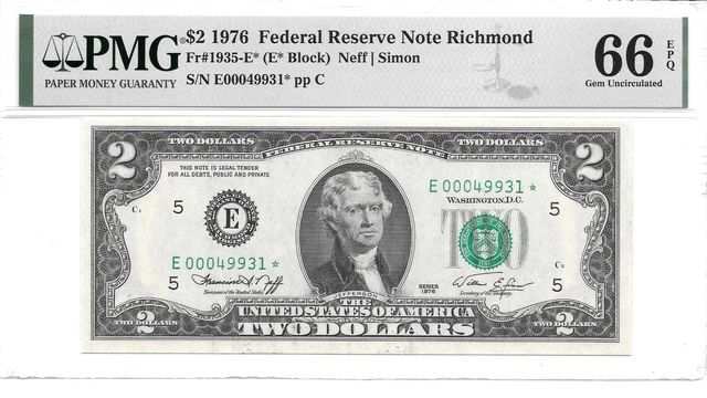 1976* $2 Richmond Star FRN (E* Block) PMG 66 EPQ GEM UNCIRCULATED