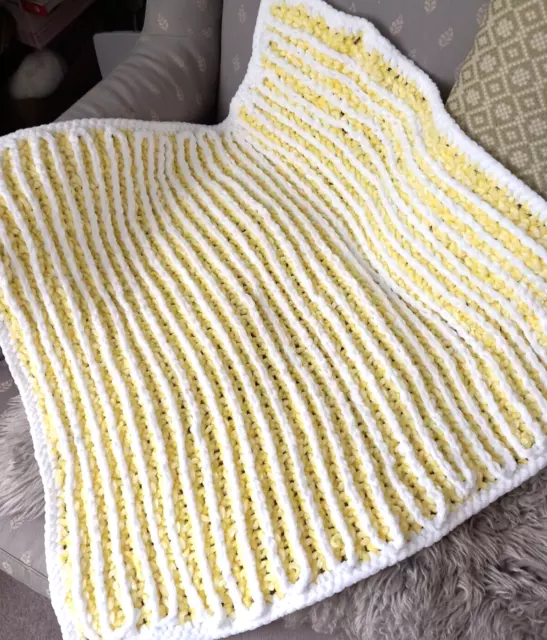 28" Handmade Crochet Baby Pram Blanket Lemon Yellow White Soft Chenille yarn