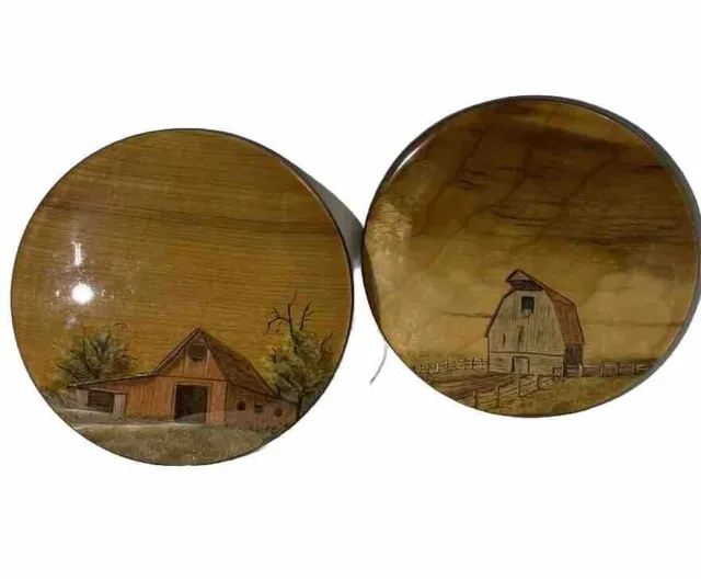 Vintage Oregon Coast Myrtlewood Hand Painted Art Barns Wood Wall Plaque Lot Of 2