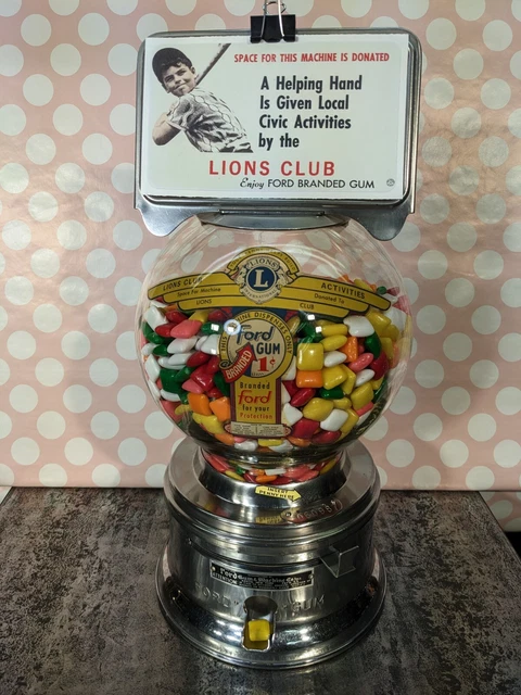 1 CENT CHICLET GUM MACHINE - Vintage, Ford Gum w/ Glass Globe, Topper, & Decal