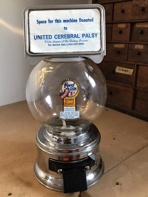 VINTAGE  1 CENT GUMBALL MACHINE Ford Gum w/ GLASS Globe, Topper, & Decal