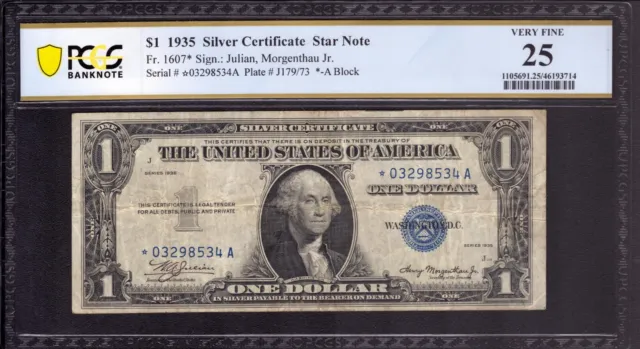 1935 $1 Silver Certificate Star Note Fr.1607* *A Block Pcgs B Very Fine Vf 25