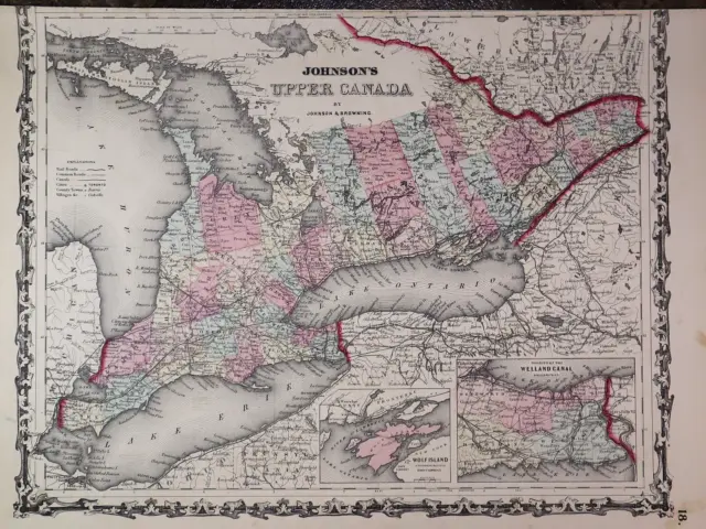 Antique 1862 Johnson Atlas Map ~ UPPER / WEST CANADA ~ (14x18) Free S&H -#1411