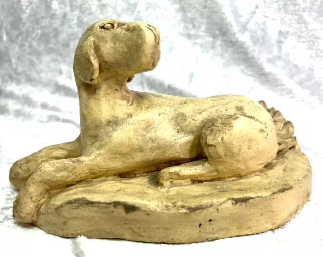 Dog Reclining Art Sculpture Handmade 1980s 7x4 in Plaster Handmade in USA