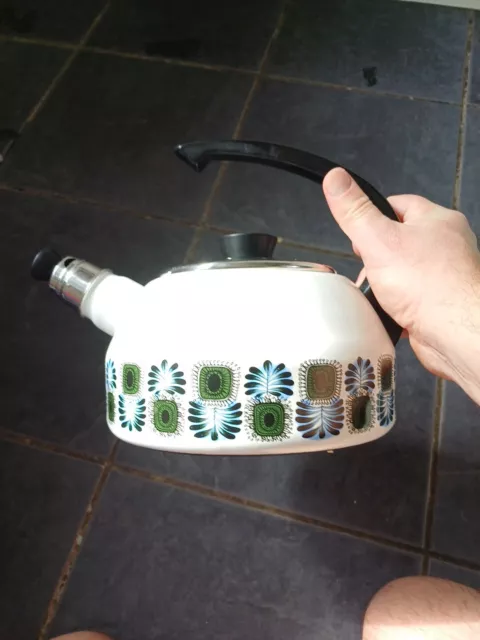 Austria Email Vintage 60s 70s Enamel Stove Cooker Top Whistling Kettle Floral