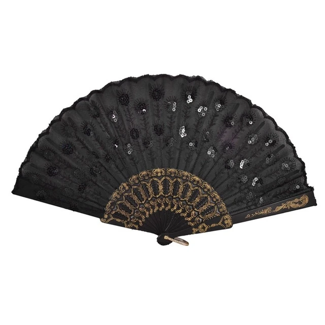 Ventilador de mano plegable con detalle floral bordado de plástico negro E3P2