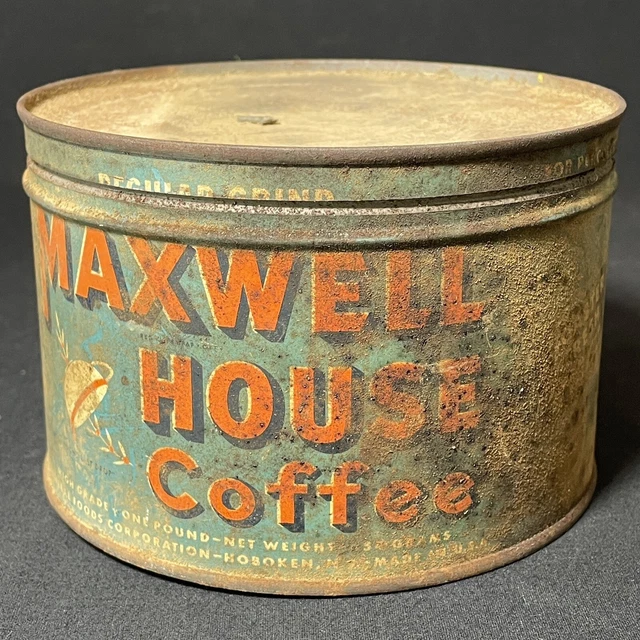 Vintage Maxwell House 1 LB Coffee can Lid Key Wind General Foods Rusty Farmhouse