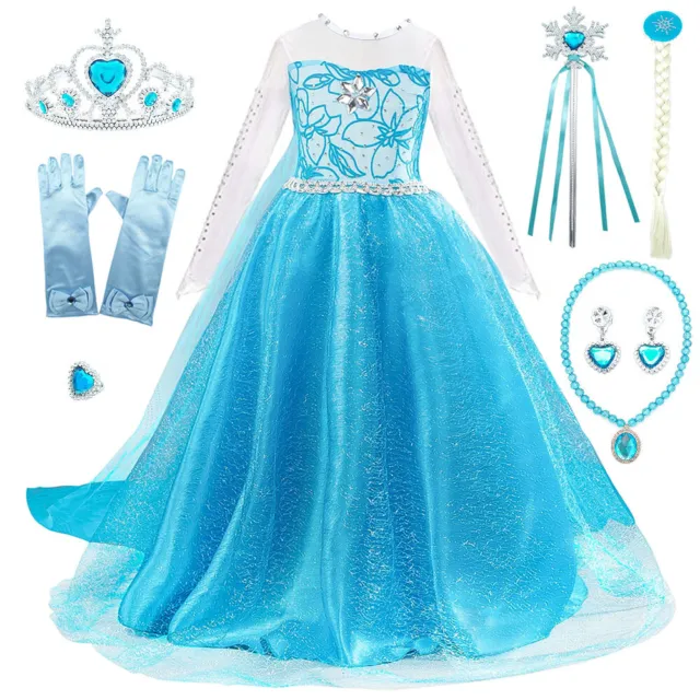 UK Girls ELSA Princess Dress Queen Cosplay Costume Fancy Dress&Free Crown&Cloak