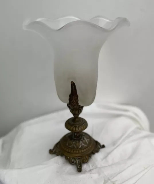 1800s FRENCH BRASS BASE Blown GLASS Victorian VASE Fluted Ruffle Frosted 11”