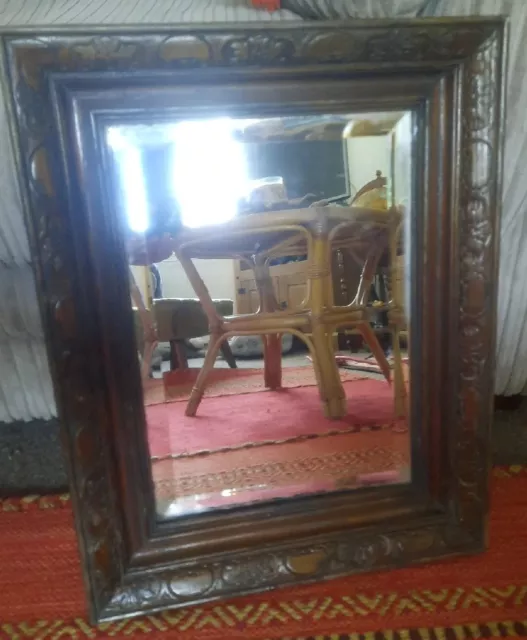 Vintage old  CARVED WOODEN FRAMED WALL MIRROR size15 inch wide 18 inch down