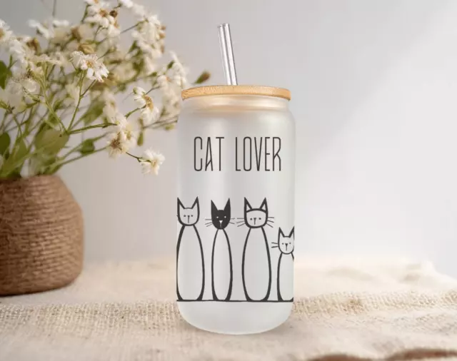 CAT LOVER Frosted Glass Can With Bamboo Lid 16 Oz Cute Cats Glass Cup by Mugzan