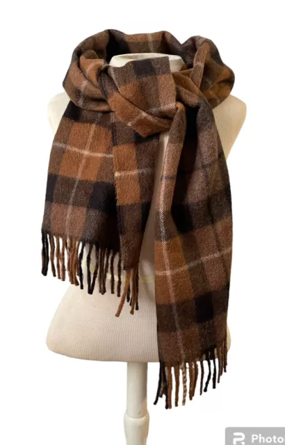 Alpaca Wool Scarf Black And Brown Tartan Plaid Fringe Peru