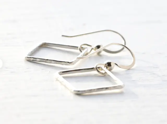 Handmade 925 Sterling Real Silver Small Square Dangle Women Fine Earrings