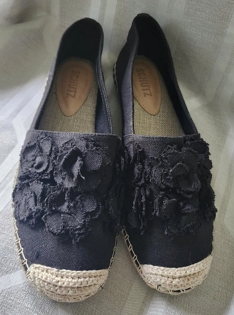 Schutz Womens Espadrilles Shoes With Flowers Flats Black Canvas Brazil 8.5