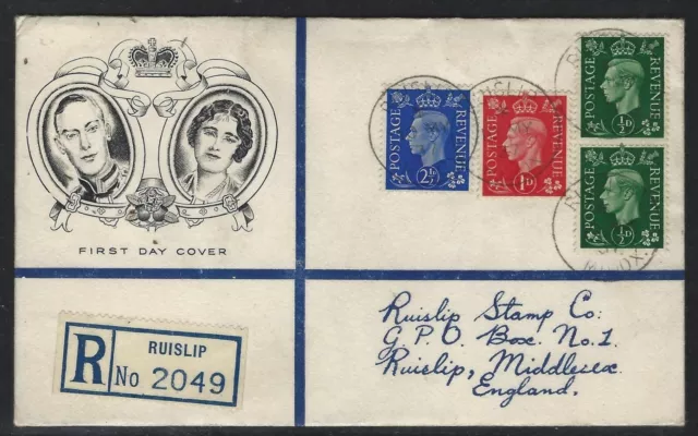 1937 Great Britain KGVI FDC - Scott #235-6 + 239 (SG #462-3 + 466) - ½d, 1d, 2½d