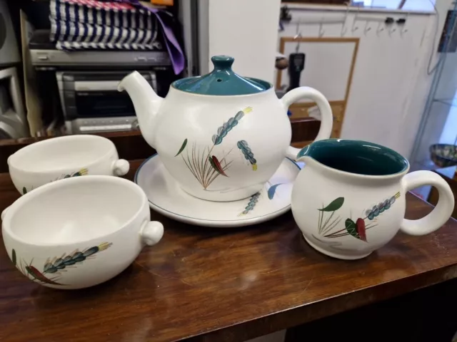 Denby Greenwheat Large Tea Pot, 2 X Sugar Bowls, Milk Jug, Plate