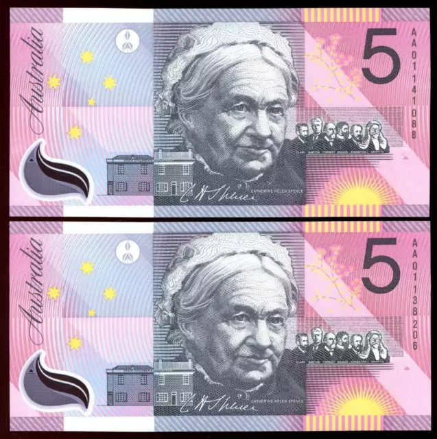 2 x 2001 Australian $5.00 Notes 1st Prefix AA01 382206 AA01 141088 UNC