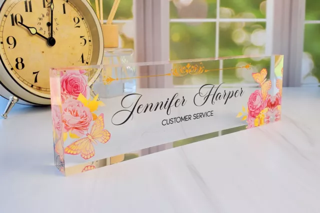 Personalized Clear Acrylic Name Plate Plaque for Desk Flower Butterfly CAB09FW