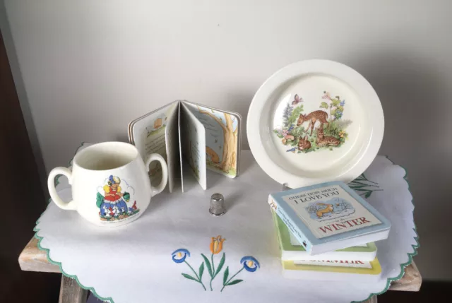 Childs Vintage China  Rimmed Dish  and Cup With   Little Library Box Set