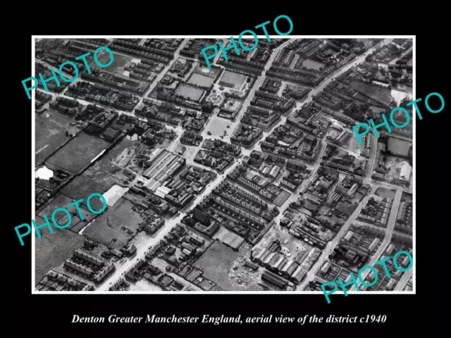Old Large Historic Photo Denton Manchester England District Aerial View 1940 2