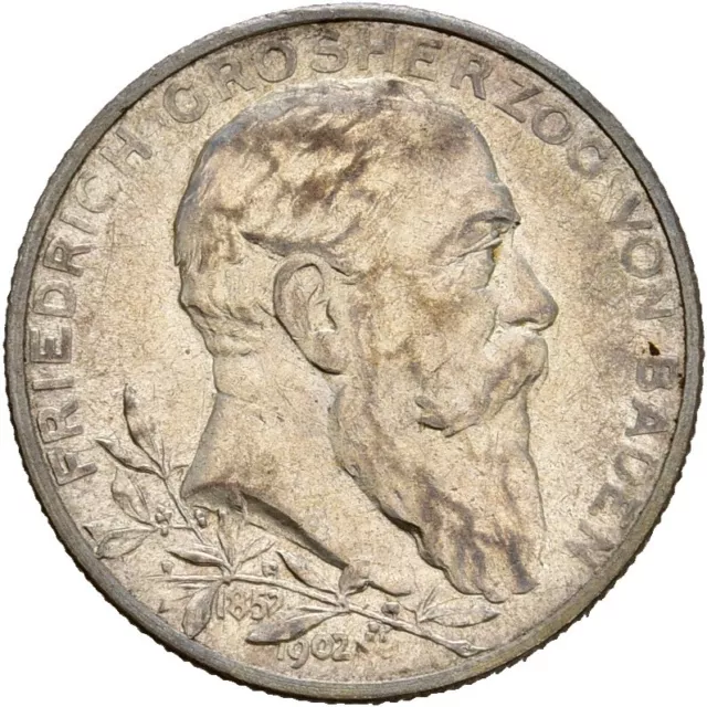 Künker: Baden, Friedrich I., 2 Mark 1902 (G), Regierungsjubiläum, Silber, Top!