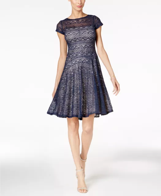 $189 Sangria Womens Blue Sequined Lace Scoop-Neck Short Fit & Flare Dress Size 8