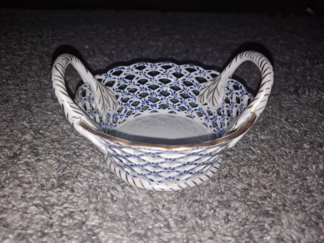 Porcelain Andrea by Sadek Reticulated Blue, White, Gold Double Handle Basket