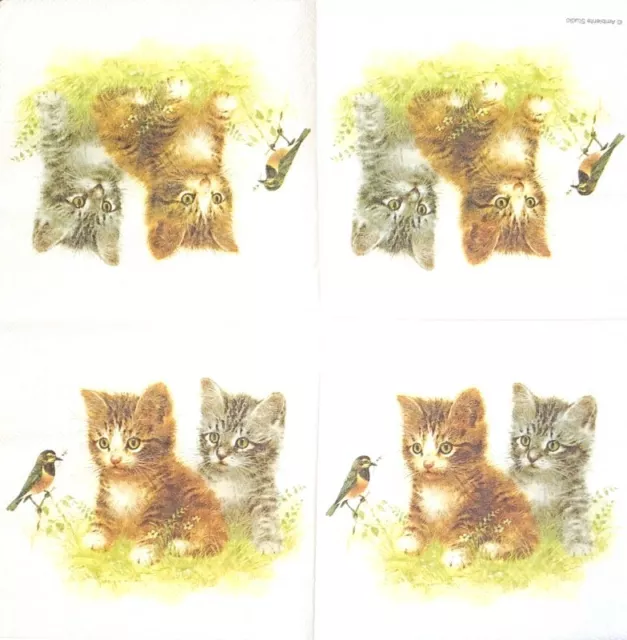 M476# 3 x Single Paper Napkins For Decoupage Craft Brown Grey Cats Kittens Bird 3