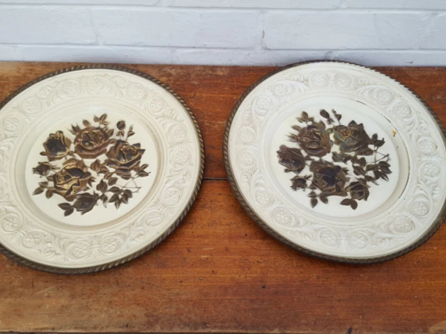 Pair Vintage Retro 12" Painted Brass Wall Hanging Display Dish Plates