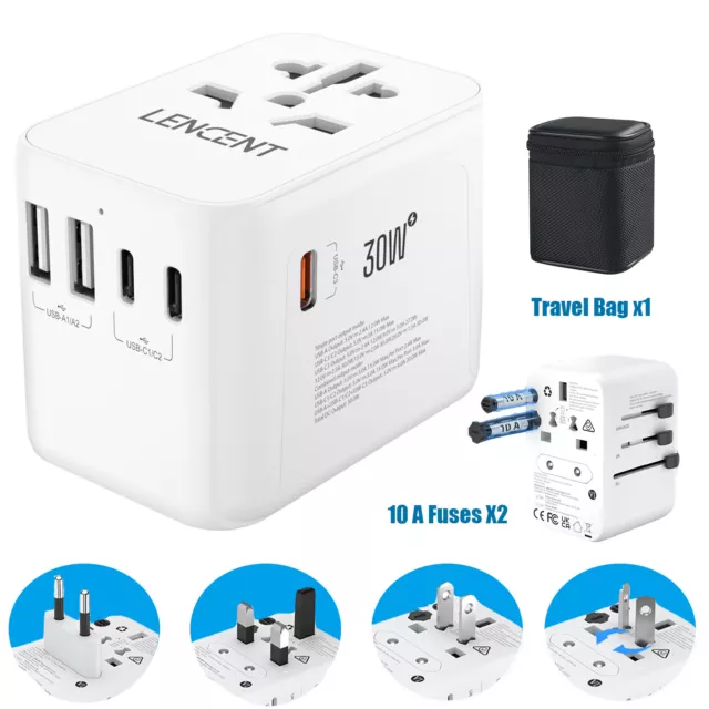 LENCENT Gan III Universal Travel Adapter Multi Plug w/ PD30W Fast Charging USB C