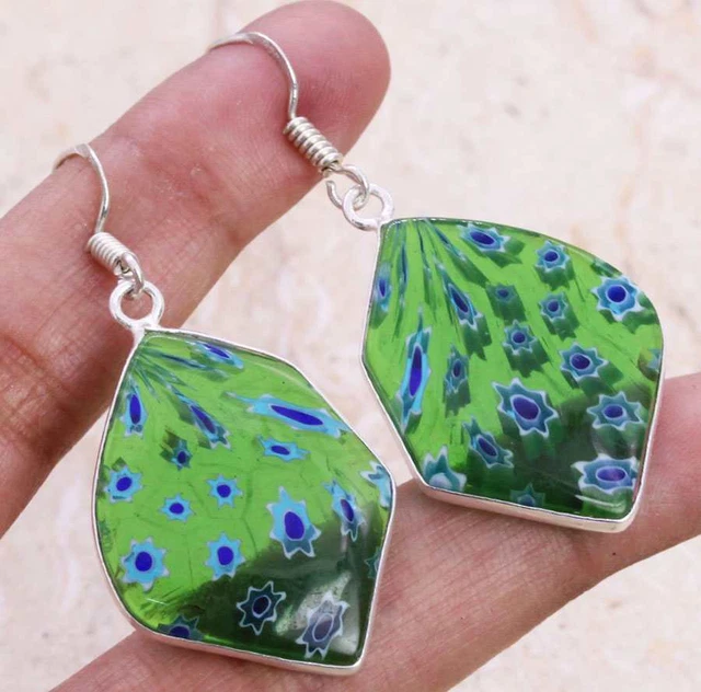Dichroic Glass 925 Silver Plated Handmade Earrings of 1.7" Ethnic Gift