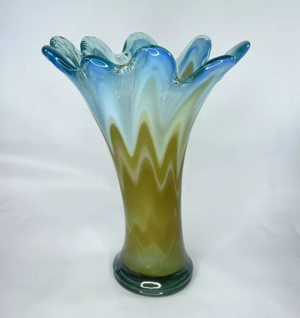 Hand Blown Art Glass Swung Vase Large Heavy EUC Blue Green