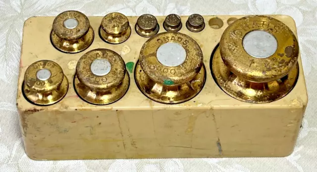 OHaus Weight Set of 9 Brass Weights - 10 Grams to 1 Kilogram Tan Plastic Case