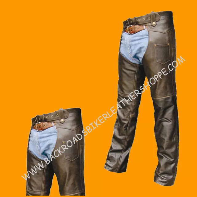 Mens Womens Retro Brown Leather Motorcycle Biker Chaps sizes XS-5X