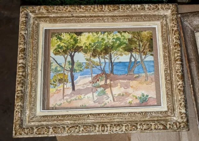 Tableau ancien Belle aquarelle Côte d'Azur signé Lay. Vendu sans le cadre.