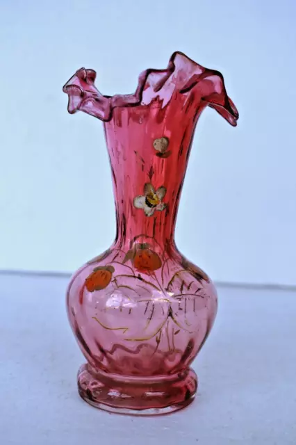 Antik Preiselbeere Vase Fenton Handbemalt Erdbeere Rüschen Gewellt Ecke " F3